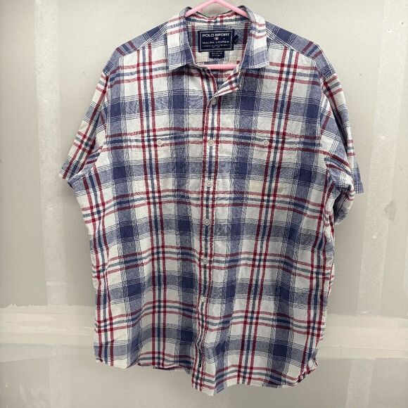 Vintage Polo Sport Ralph Lauren Red Blue Plaid Linen Blend Camp Shirt Size XL - Picture 1 of 6